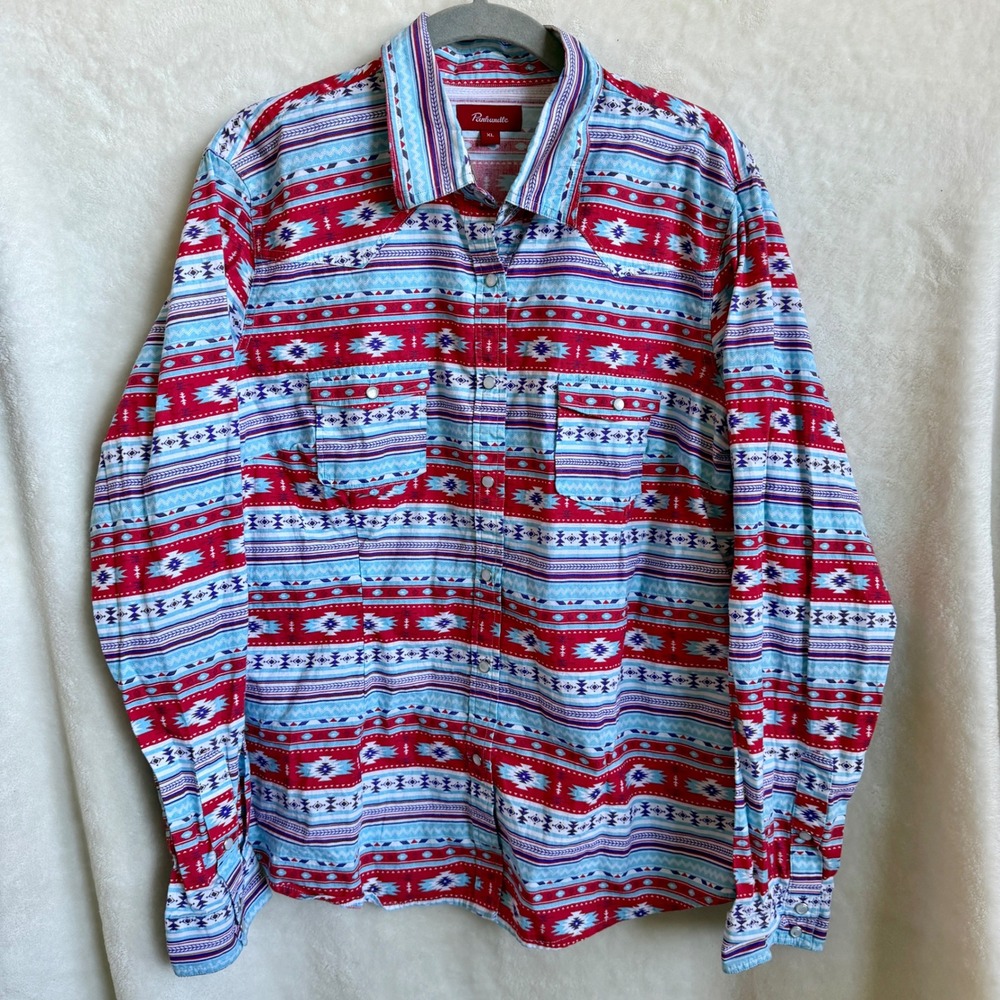 Panhandle Western Pearl Snap Shirt Long Sleeve Red Aztec Southwestern Size XL